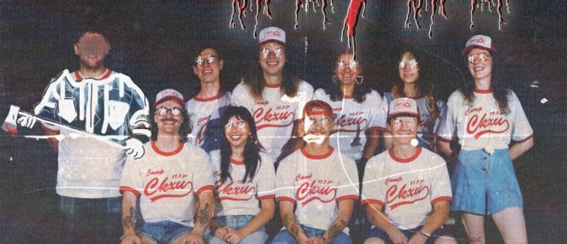 Poster that describes an a 50/50 raffle titled the Dead or Alive 50/50. The images shows a group of camp goers sitting on a picnic table with one of them appearing to have an outline of a masked killer.