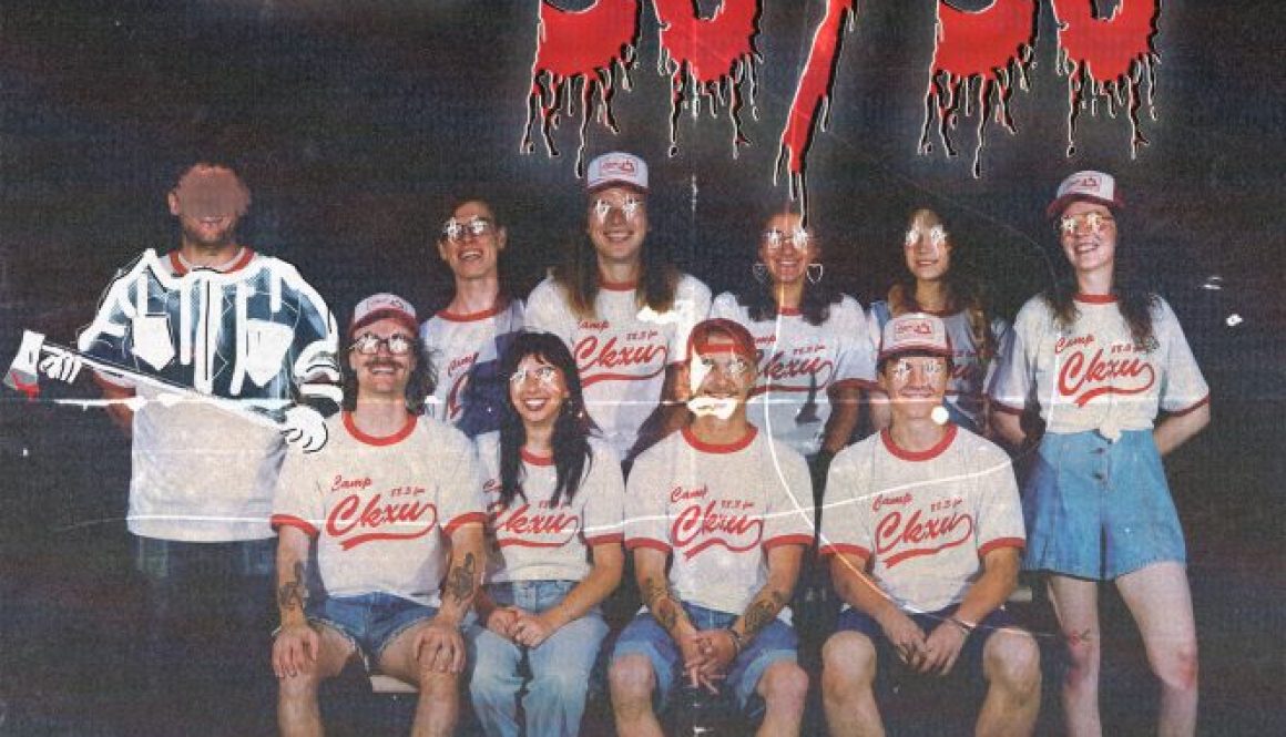 Poster that describes an a 50/50 raffle titled the Dead or Alive 50/50. The images shows a group of camp goers sitting on a picnic table with one of them appearing to have an outline of a masked killer.